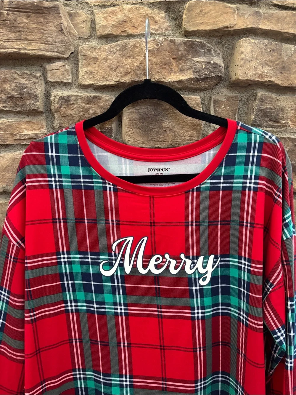 “Merry” Red, green and white Plaid Holiday Top. Large